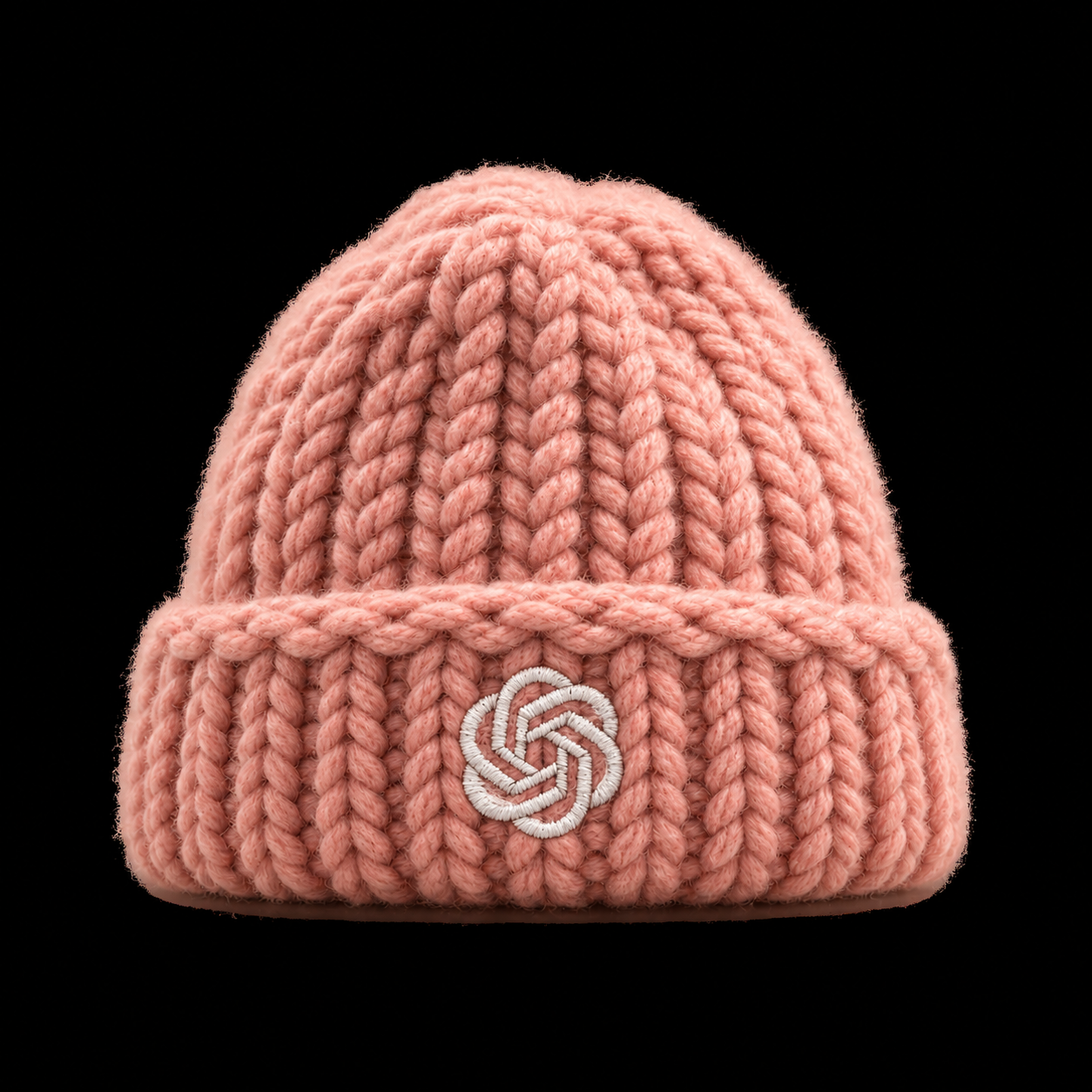 Pale pink knitted WIFGPT beanie with white embroidered knot